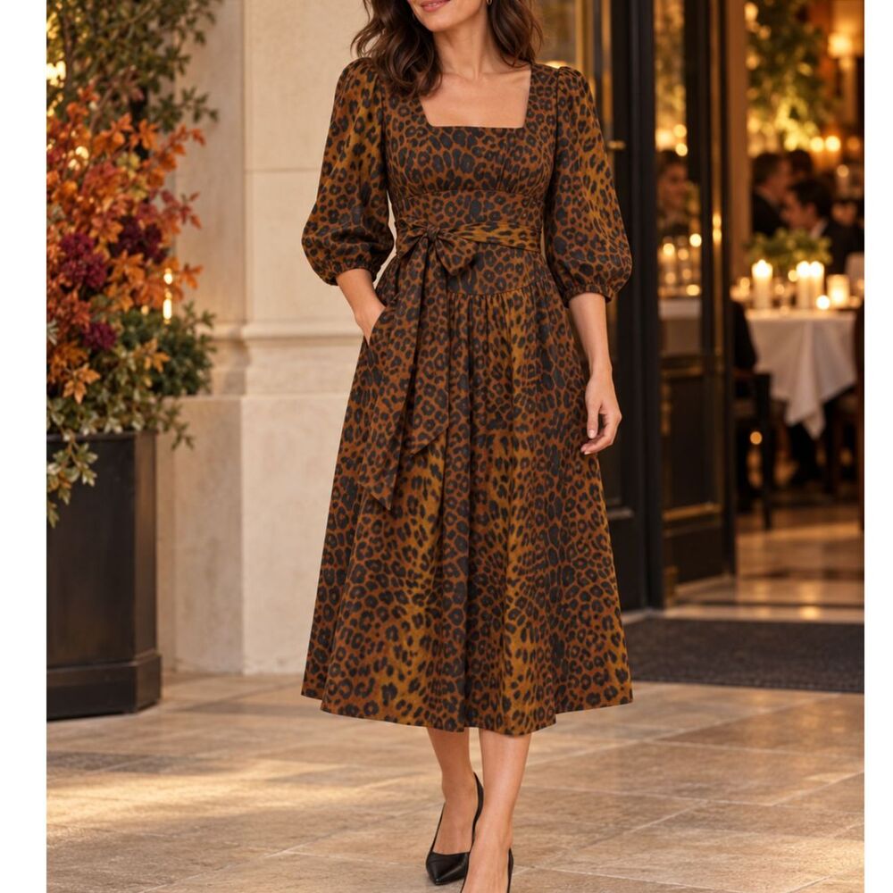 Tuckernuck NWT Leopard Graciela Dress Puff Sleeve Midi Animal Print Office Siren
